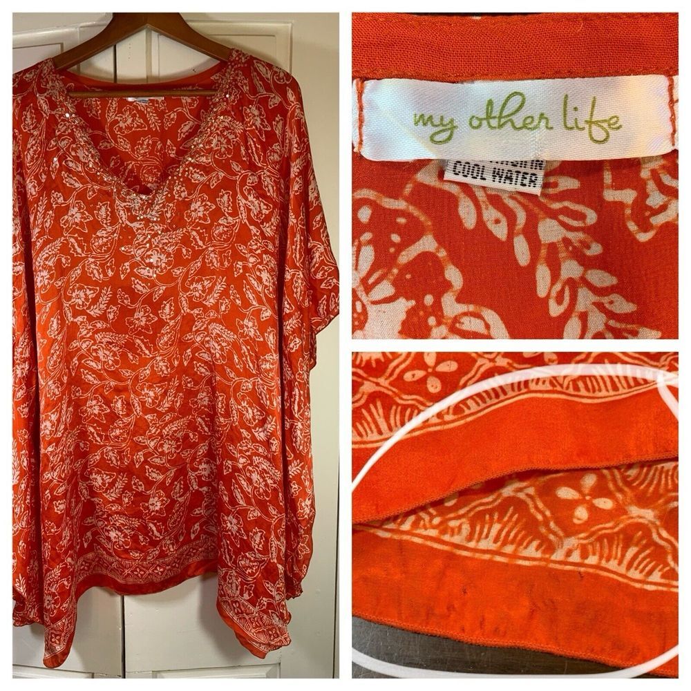 My Other Life Top Womens One Size Orange Kaftan Flowy Lightweight Festival FLAWS